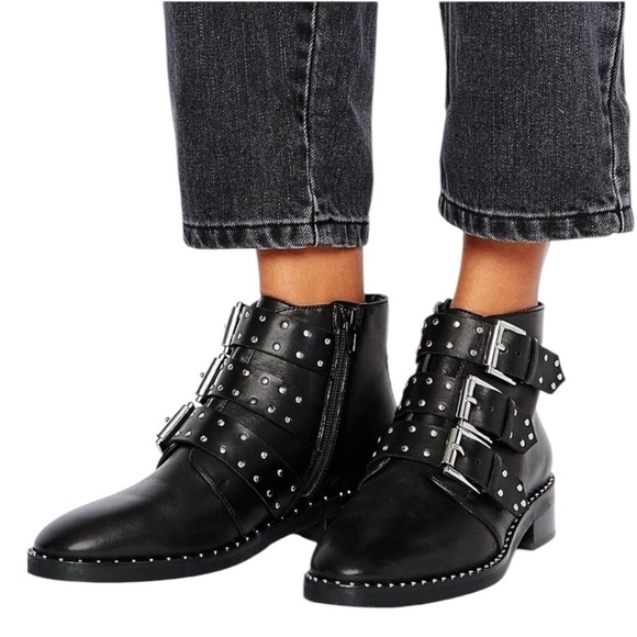 ASOS Women’s Asher Studded Black Leather Buckle Ankle Boots - Picture 1 of 11